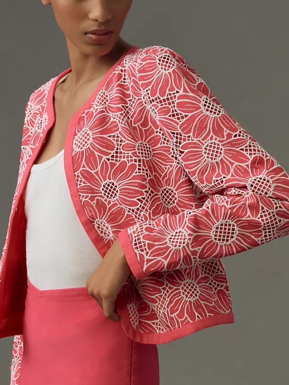 Anthropologie Dolan embroidered linen cut work floral jacket in pink